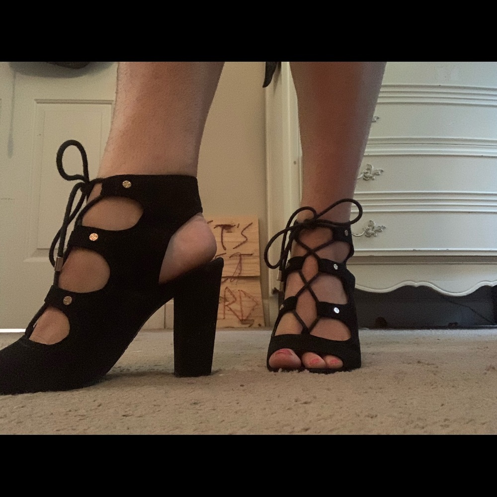 black lace-up suede chunky heels